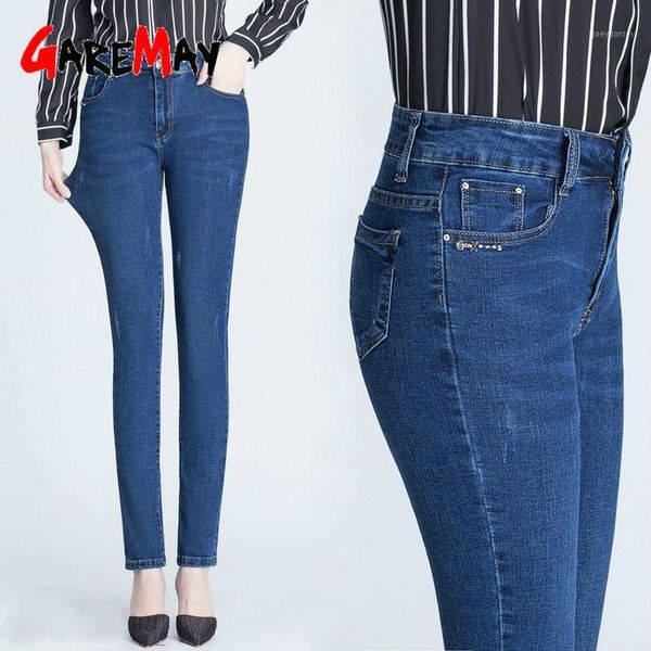 

2020 women's jeans washed denim skinny pencil pants elastic pocket large size ladies jeans mom woman high waist big size1, Blue