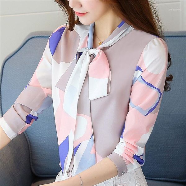 

fashion spring autumn print bow collar women's long sleeve office lady elegant chiffon blusas shirts slim casual blouses1, White
