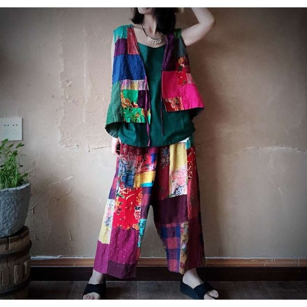 

2020 luogu clay hemp 100 handmade patchwork loose lace waistcoat 1664, White