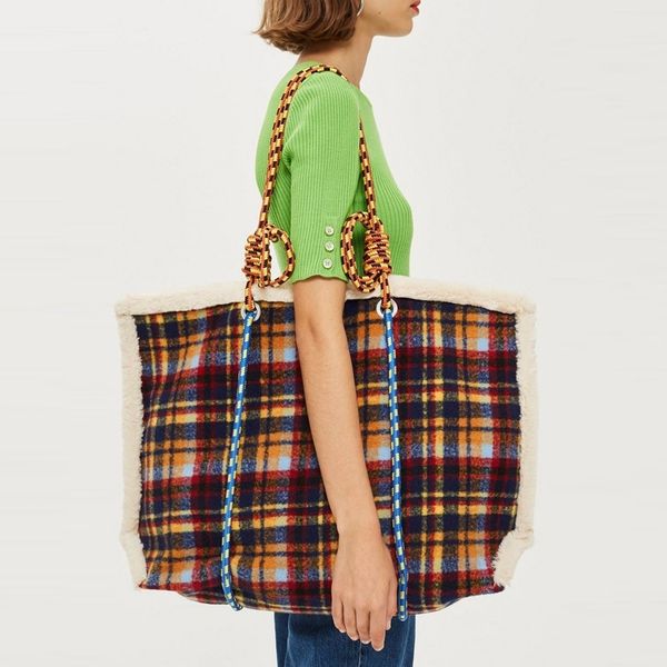 

designer's imitation wool plaid knot woven shoulder belt fabric tote bag for minority lambs
