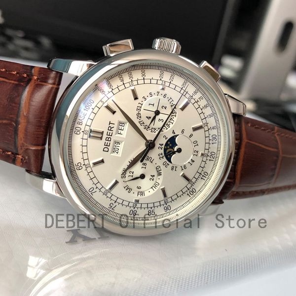 

brand 42mm debert mechanical wristwatches moon phase white dial silver year day month week 316l ss case automatic watch men t200311, Slivery;brown
