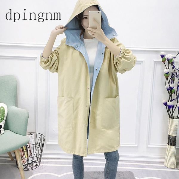 

2020 autumn new korean version of the loose large size hooded long section windbreaker female letter printing two sides wearing, Tan;black