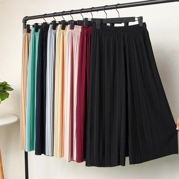 

korean summer thin wide leg pants women casual elastic high waist pants 2020 new pleated loose chiffon pants trousers femme p217, Black;white
