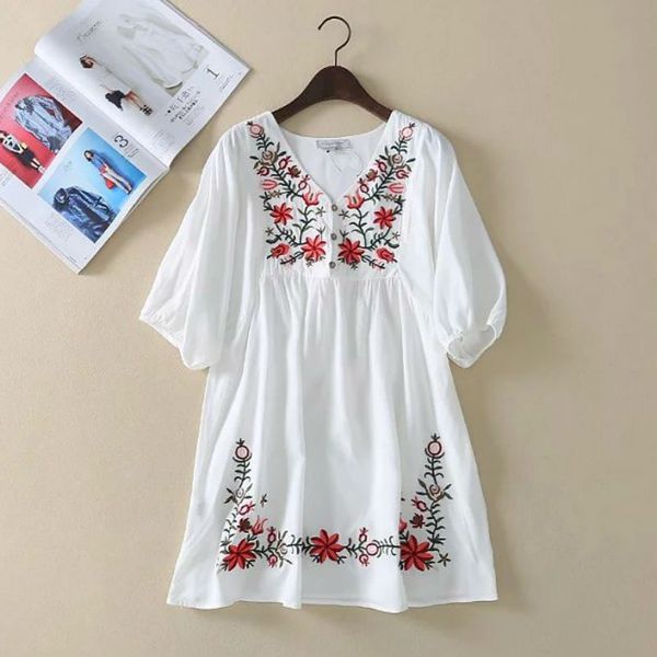 

women's summer fashion brand new embroidered v-neck 3 / 4 sleeve dress, Black;gray
