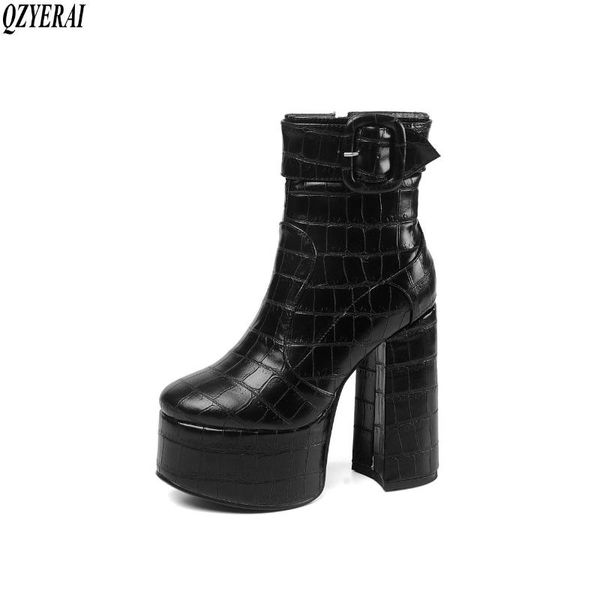 

boots 2021 women super high heels cow leather dress shoes woman platform spring autumn ankle large size 41 42 43, Black