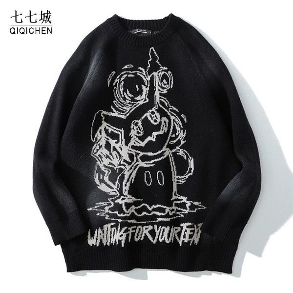 

mens hip hop sweater cartoon anime pullover couple balck punk jumper streetwear casual harajuku oveasized knitwear spring, White;black