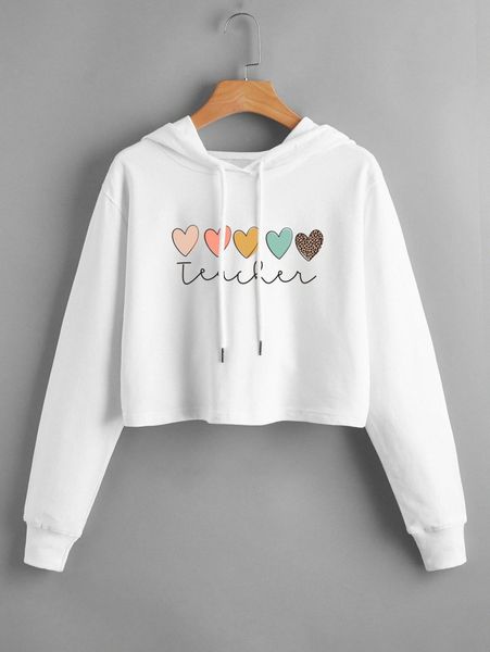 

leopard & heart print drop shoulder drawstring hoodie m2ip#, White;black