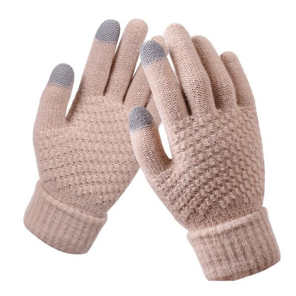 

women men solid colour wool knitted wrist gloves autumn winter full finger thick warm touch screen mittens han jllytm, Black