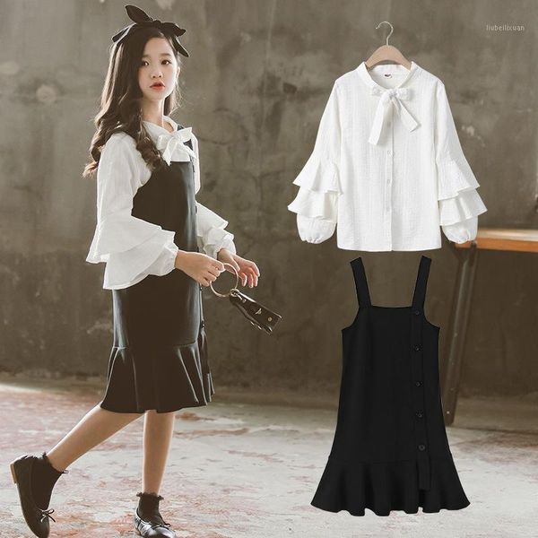 

keelorn teenager girl autumn casual clothing outfits girls princess suits 2pcs butterfly sleeve shirt+suspenders dress1 sets, White