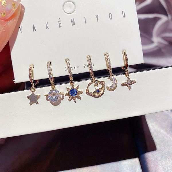 

migga 6pcs mix design cubic zircon paved celestial drop earrings for women gold color party jewelry, Silver