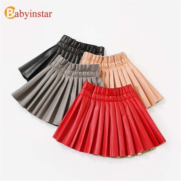 

babyinstar girls pu leather pleated skirt baby girl elastic waist short solid children's casual clothing kids s 220222, Blue