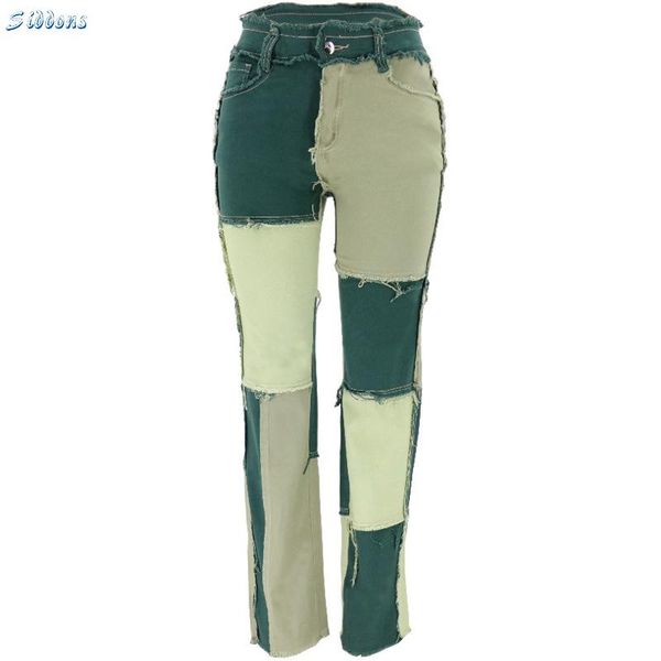 

siddons patchwork skinny straight leg jeans woman high waist tight hip denim trousers color block vintage streetwear pants, Blue