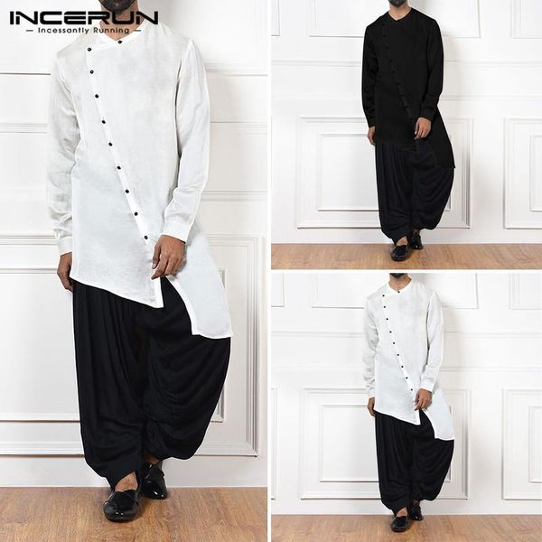 

incerun muslim robe men solid color long sleeve jubba thobe casual round collar asymmetry hem button mens long plus size, Red