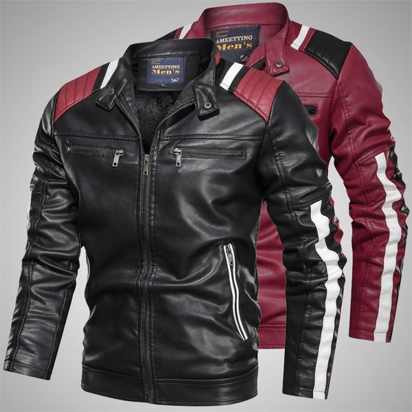 

men's leather jackets stand collar jacket leather men patchwork motorcycle bomber coat mens biker jacket 201215, Black