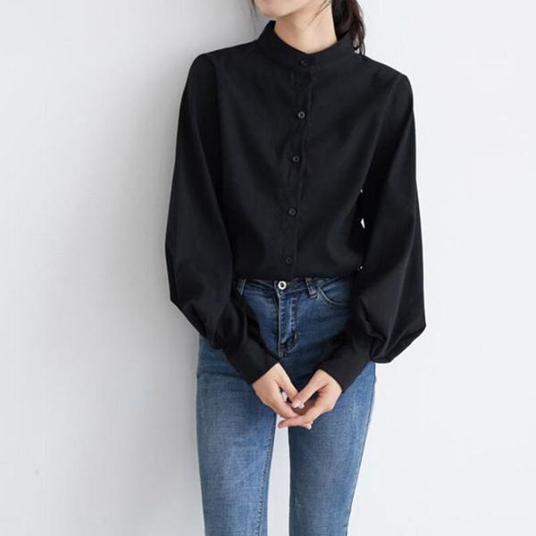 

women's t-shirt blouses woman 2021 stand collar black button lantern long sleeve slim fashion autumn elegant lady shirt top, White
