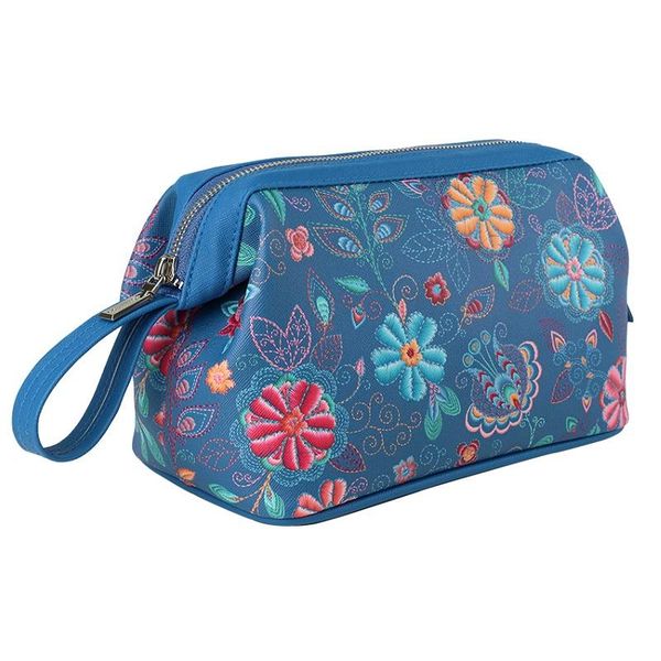 

women blue floral makeup bag waterproof pu organizer cosmetic travel necessaries make up wash toiletry toilet bags