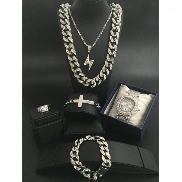 

fashion men's watch Iced Out Cuban Hip Hop Watch &Necklace &Pendant & Bracelet &ring Combo Set Pendant Men's Jewelry Set1, Silver