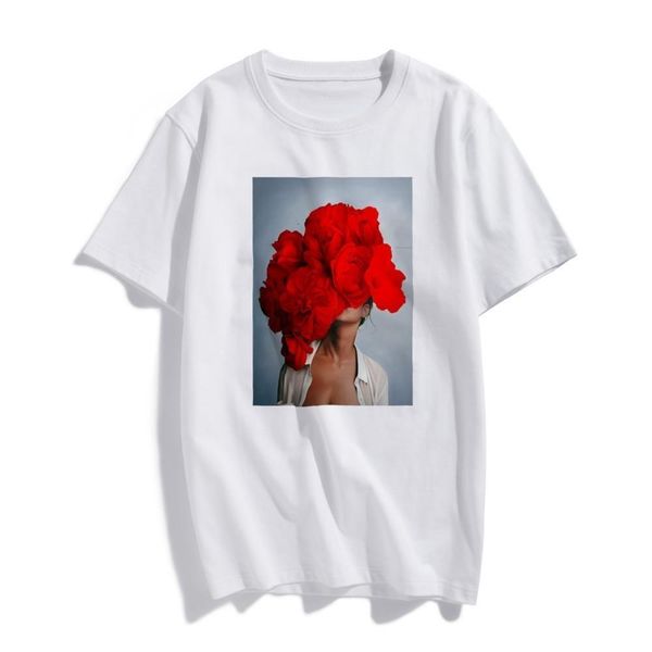 

fashion nordic art red flowers harajuku aesthetics t shirt women vintage short sleeve plus size cotton tees streetwear, White