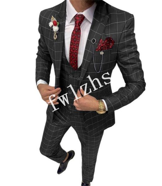

handsome check fabric groomsmen peak lapel groom tuxedos mens wedding dress man jacket blazer prom dinner suits (jacket+pants+tie+vest) w608, Black;gray