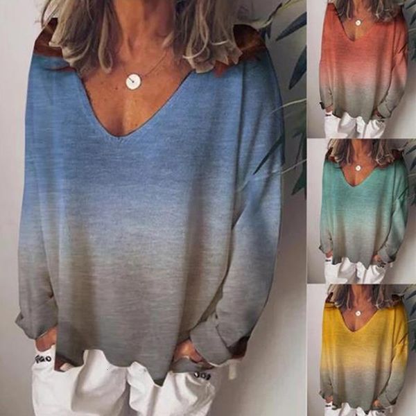 

gradient t shirts women's long sleeve t shirt large plus size t-shirt femme women tees loose v neck oversize t-shirts, White