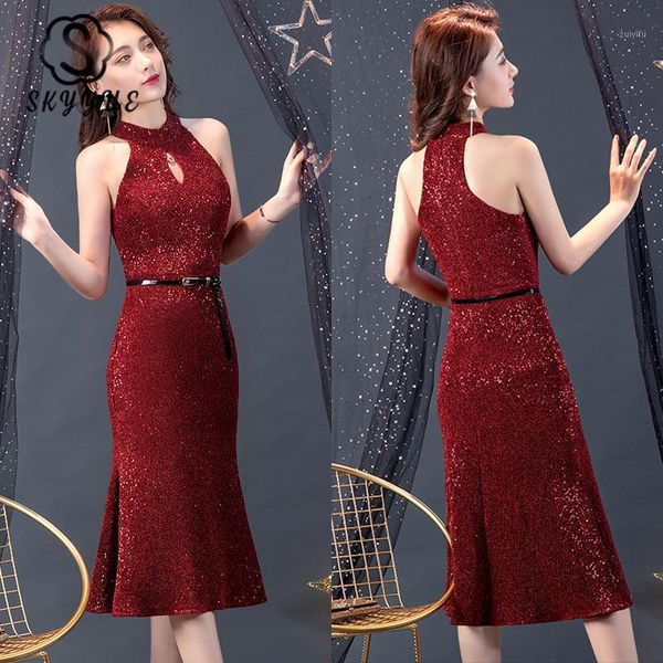 

skyyue halter porm dresses burgundy stylish sequins party gowns k108 sleeveless elegant mermaid dresses vestido de fiesta1, White;black