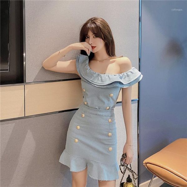 

summer women jeans ruffles short + bodycon skirts 2 piece sets sets slash neck buttons woman casual denim skirt outfits1, Gray