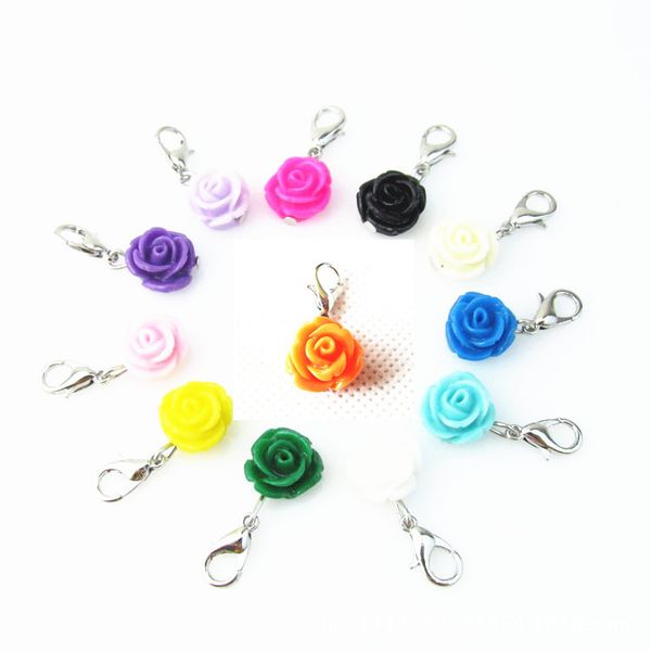 

120pcs 12 colors rose flowers charms dangle hanging charms diy bracelet necklace jewelry accessory lobster clasp floating charms, Bronze;silver