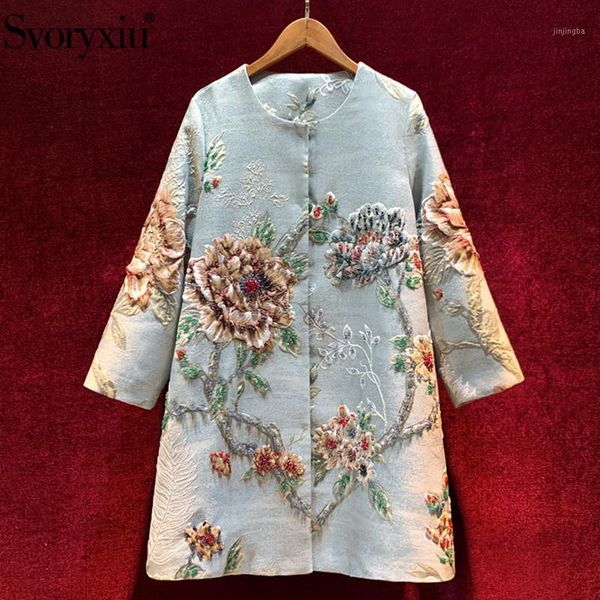 

svoryxiu designer high-end autumn winter vintage overcoat outwear women's manual beaded jacquard plus size loose long coat xxl1, Black