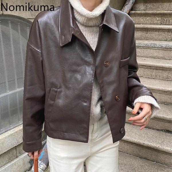 

nomikuma 2021 autumn short pu jacket causal long sleeve turn-down collar women leather coat vintage cool outerwear 6d121, Black;brown