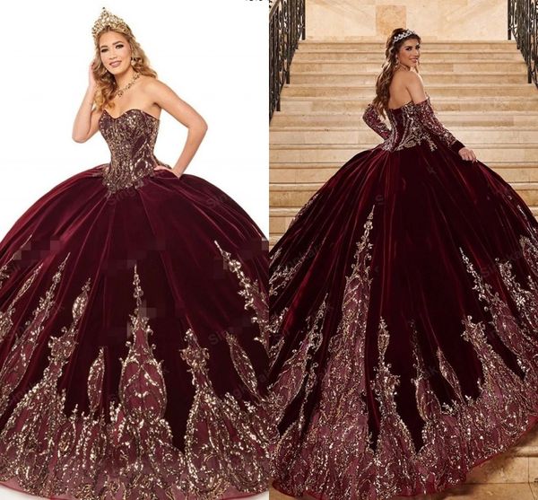 2022 Retro Borgonha Bola Vestido Veludo Quinceanera Vestidos Noiva Vestidos Sweetheart Removível Manga Longa Doce 16 Vestido Puffy Princesa Pageant Prom Vestido Cl0050