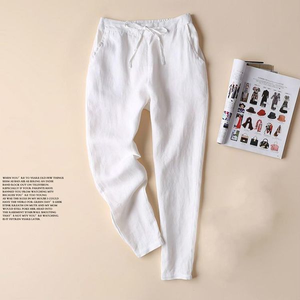 

summer female cotton linen pencil pants korean plus size pants girls loose slim white trousers women casual lace up capri 3xl, Black;white