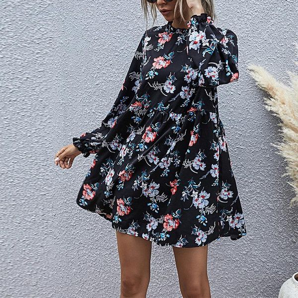

spring floral print ruffled neck dress women autumn casual long sleeve a-line dress elegant high waist midi boho party vestidos, Black;gray
