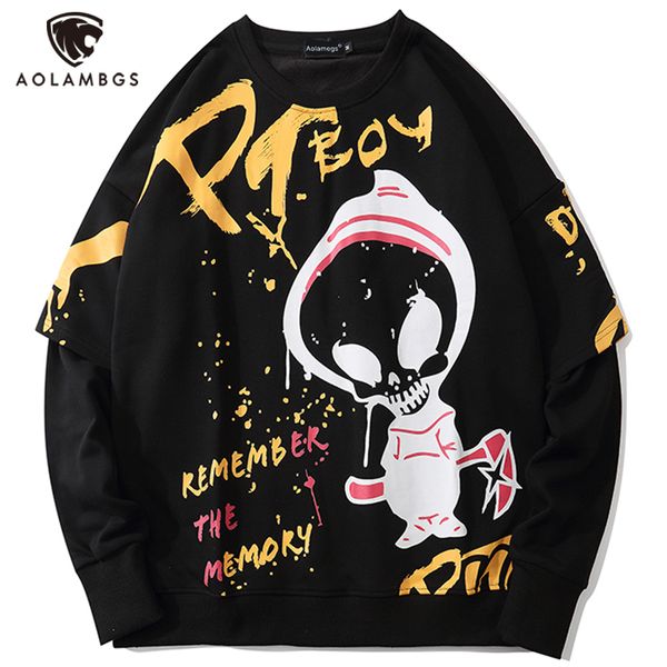

aolamegs fake 2 pieces sweatshirt for men alien comics printed casual cozy pullover high street hip hop style hoodie streetwear c0127, Black