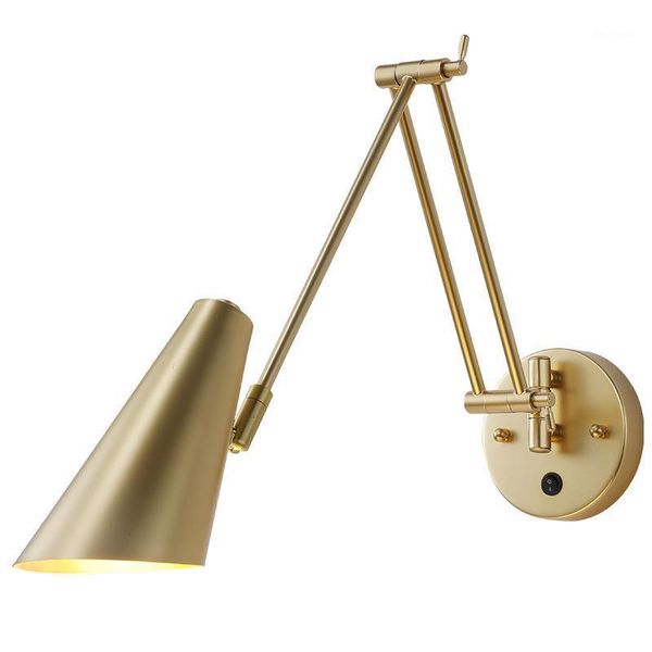 

nordic design industrial swing arm wall lamp with switch gold black rotating folding wall mounted art decor bedroom1