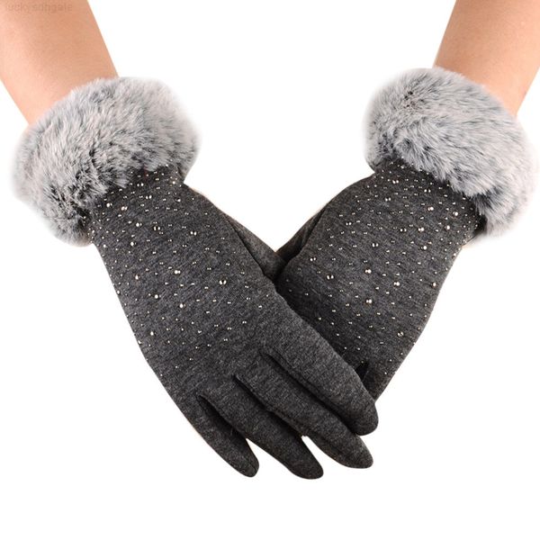 

winter 25# suede women diamond glove touch screen double layer furry mittens warm snowflake embroidery gloves