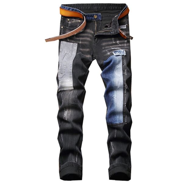 

men's jeans fashion sweat knee protector patchwork high street fashions jogger trousers men elastic waist harem pant pencil 11, Blue