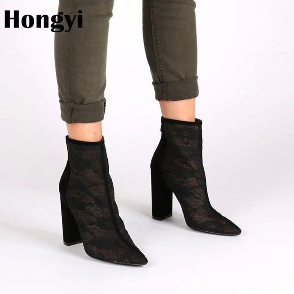 

hongyi fashion suede leather boots pointed toe breathable mesh ankle boots black beige woman side zip thick high heels1