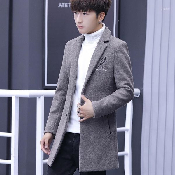 

2020 new autumn and winter woolen men's coat casual slim fit woolen windbreaker medium length men's wear1, Black