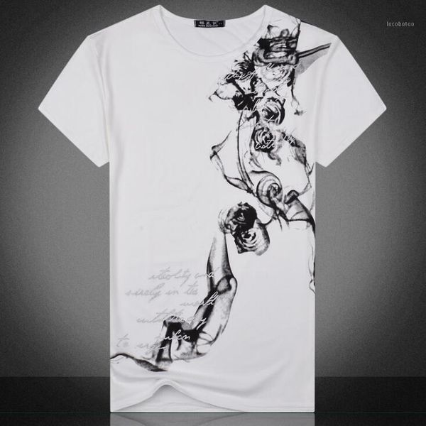

men's t-shirts mens tee chinese style male ink rose printing fashion crew neck white and black casual t-shirts1, White;black