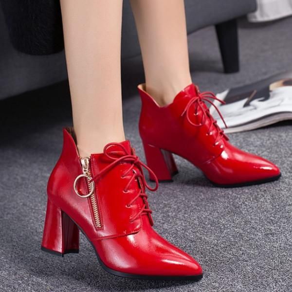 

PXELENA Zipper Lace Up Women Ankle Boots Winter 2020 Black Red Pointed Toe Chunky Block Square High Heels Lady Short Boots 34-43