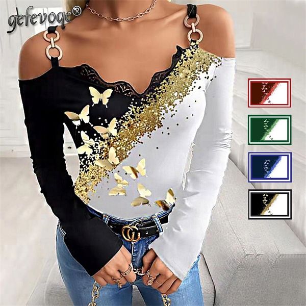 

autumn bronzing women t-shirt sling lace long sleeve lady pullover slim off shoulder tee streetwear 220315, White