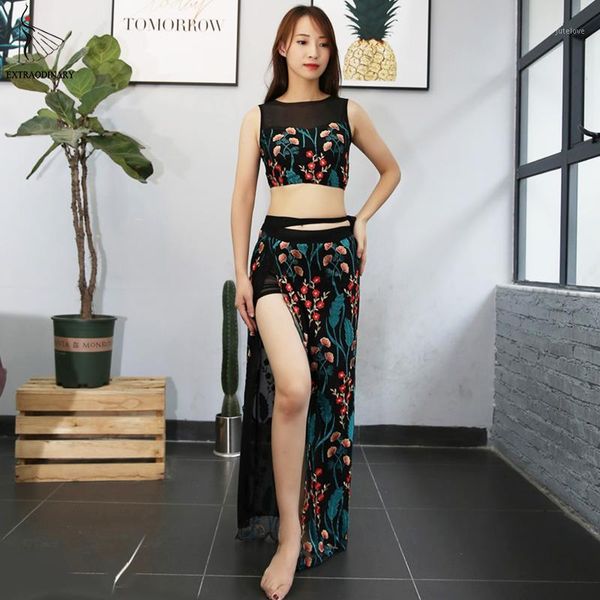 

women belly dance costume practice clothes and skirt leggings side slit set 3 piece stage performance 4 colors1, Black;red