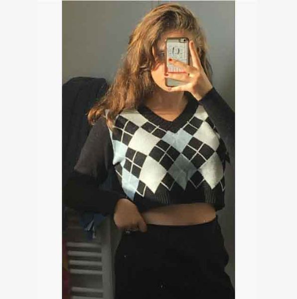 

women fashion sweater women cute argyle v neck crop sweaters popular panelled streetwear blue pink khaki colors size s  l xl, White;black
