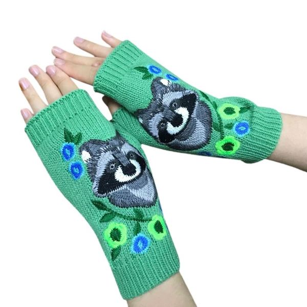 

five fingers gloves vintage knitted with embroidery floral fingerless warm hand warmer mitten m7dd, Blue;gray