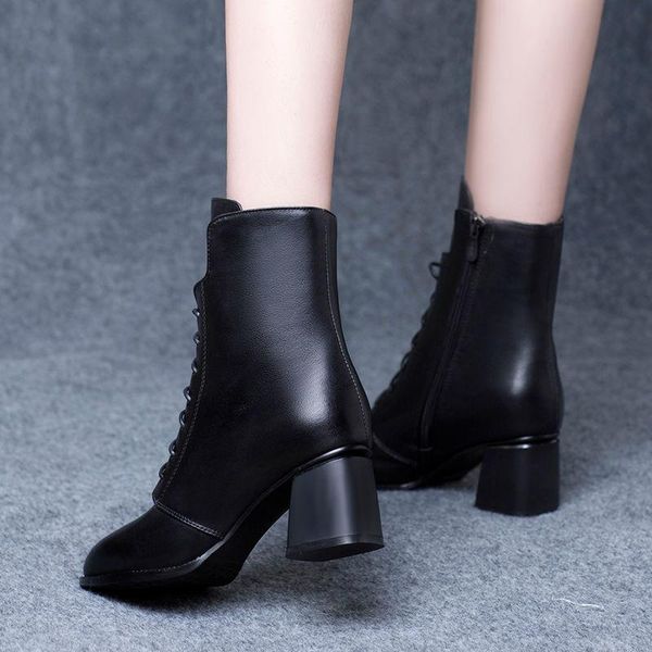 

boots (soft leather) thick heel and fleece women's mid-heel mid-tube, Black
