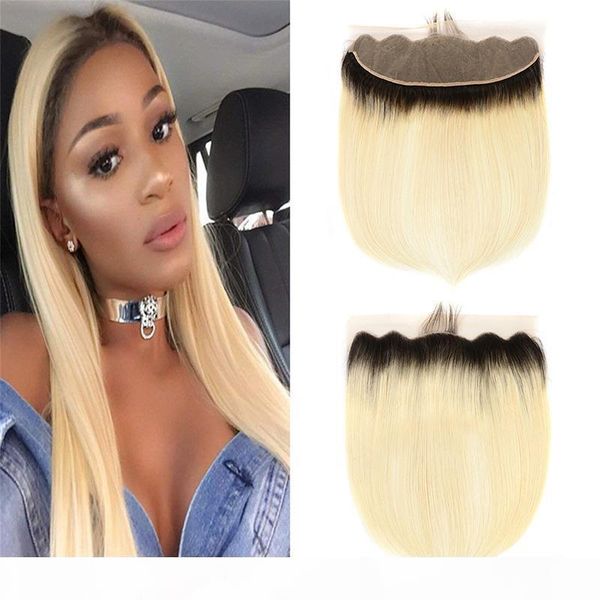 

two tone 1b 613 ombre straight virgin hair bundles with lace frontal dark roots honey blonde brazilian hair weaves with lace frontal, Black;brown