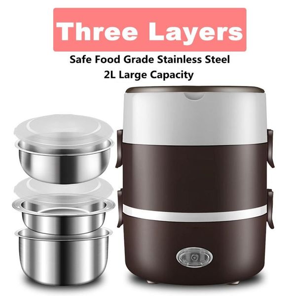 

2l mini electric rice cooker 3 layers stainless steel steamer portable meal thermal heating lunch box container warmer 220v