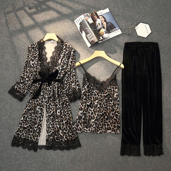 

2021 new women's spring summer golden velvet pajamas sets leopard print with lace sleepwear female v neck slim nightwear ladies gr1h, Black;red