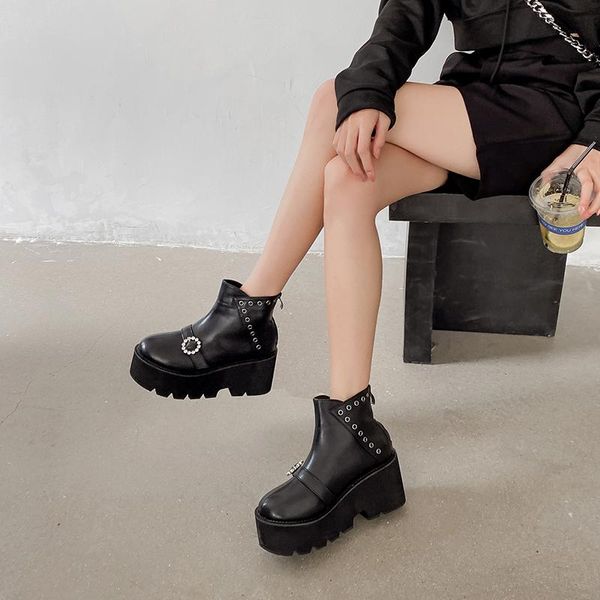 

boots women motorcycle shoes platforms ankle boots wedges female lace up platforms leather oxford shoes woman high heels ymb291, Black