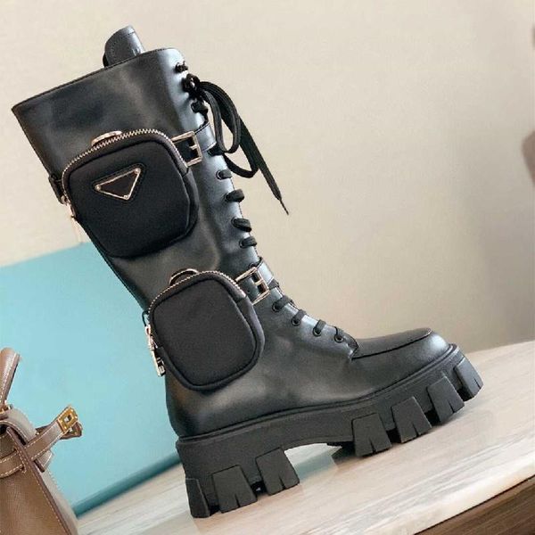 

2020 autumn/winter women boots tactical boots genuine leather knee-high round toe lace up pocket quality high brand, Black